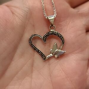 Marcasite heart with butterfly sterling silver necklace